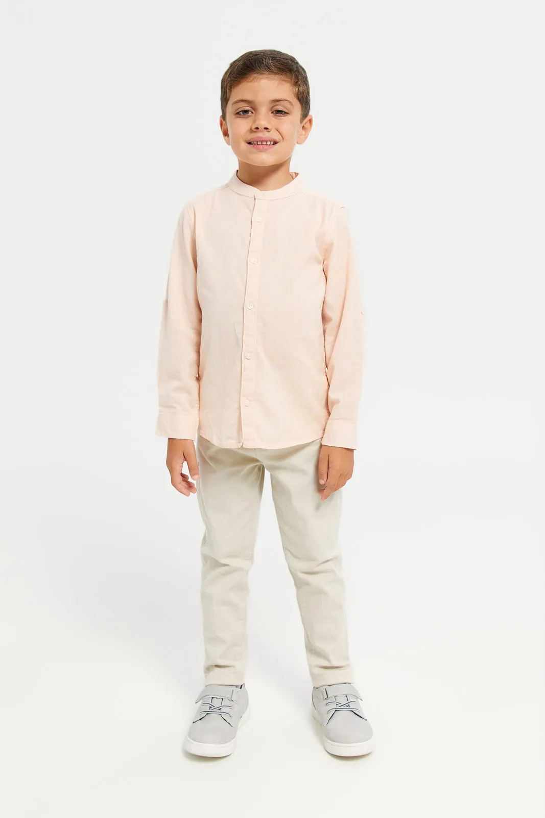Boys Pink Long Sleeved Mandarin Shirt