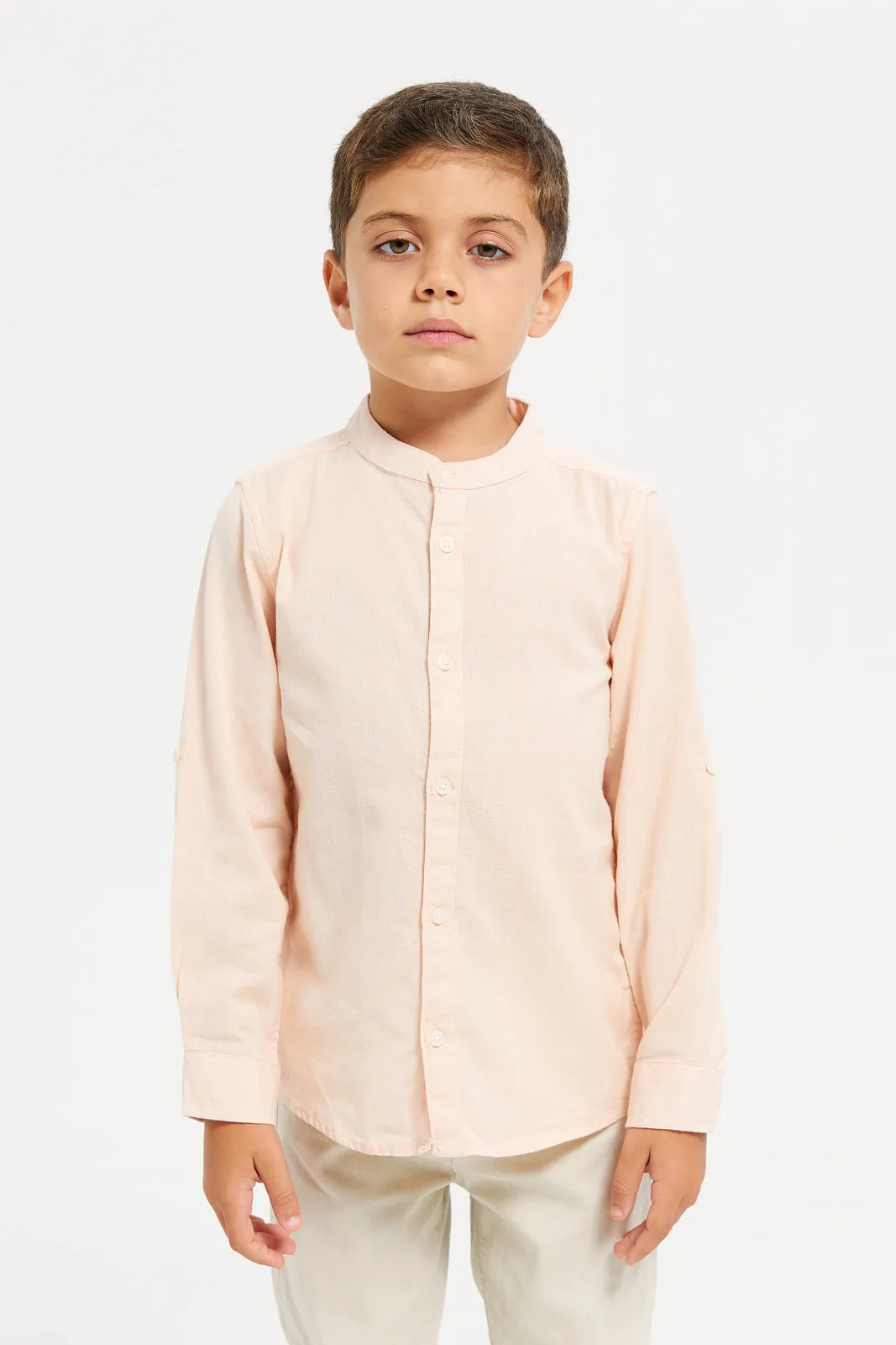 Boys Pink Long Sleeved Mandarin Shirt