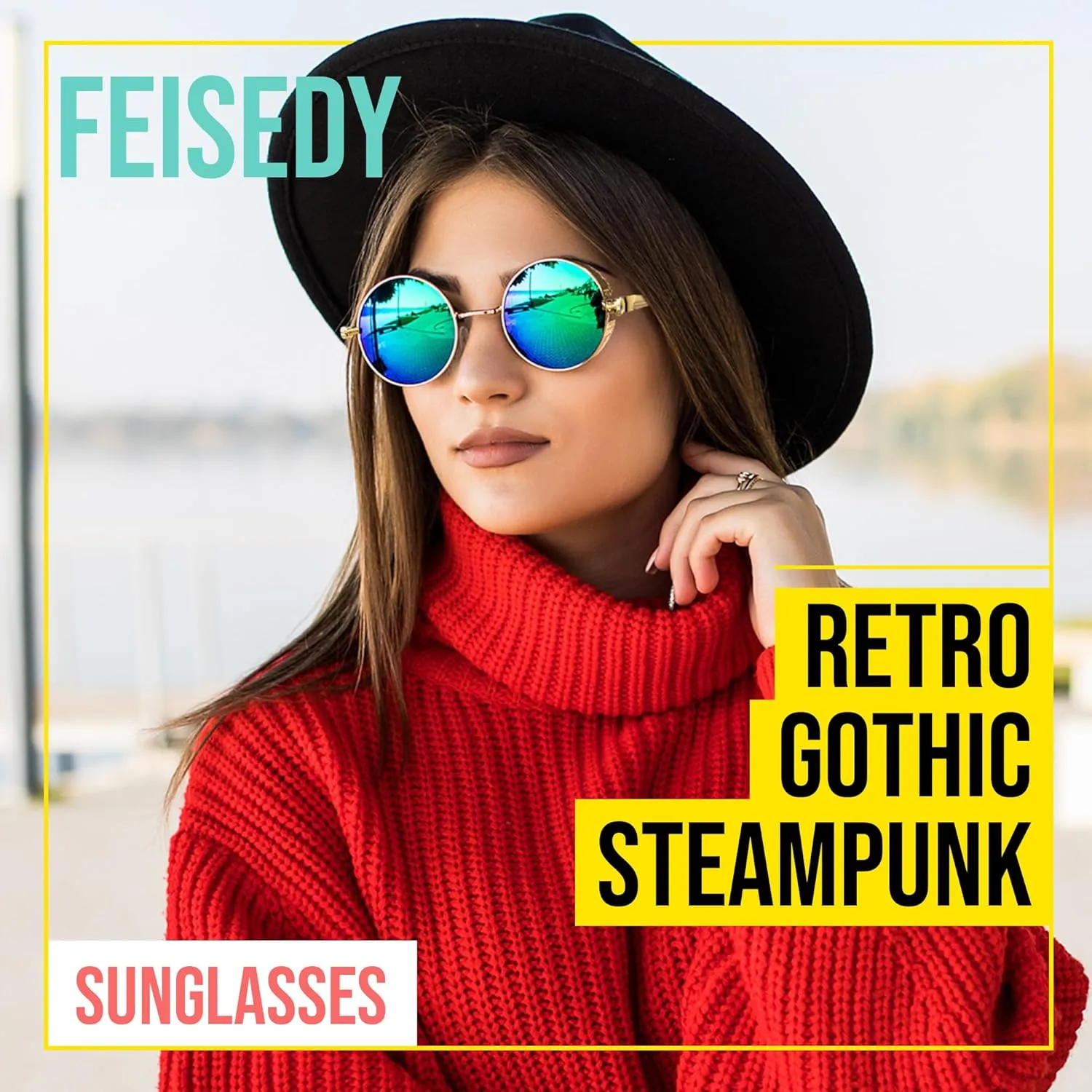 FEISEDY Retro Gothic Steampunk Sunglasses Round Metal Frame Punk Circle Inspired Shade Men B1857