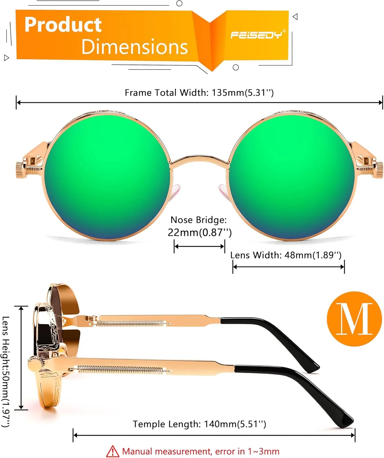 FEISEDY Retro Gothic Steampunk Sunglasses Round Metal Frame Punk Circle Inspired Shade Men B1857