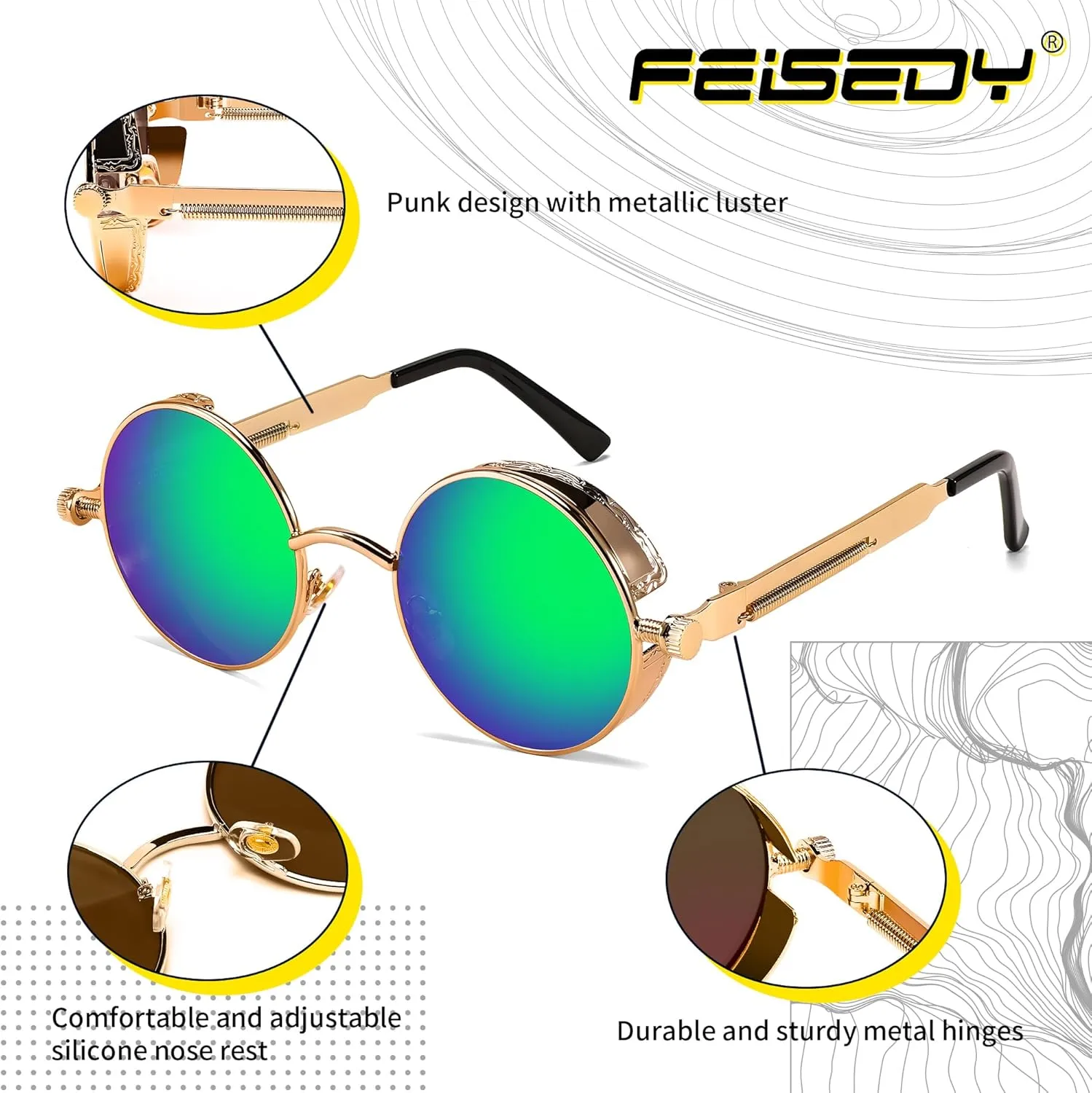 FEISEDY Retro Gothic Steampunk Sunglasses Round Metal Frame Punk Circle Inspired Shade Men B1857