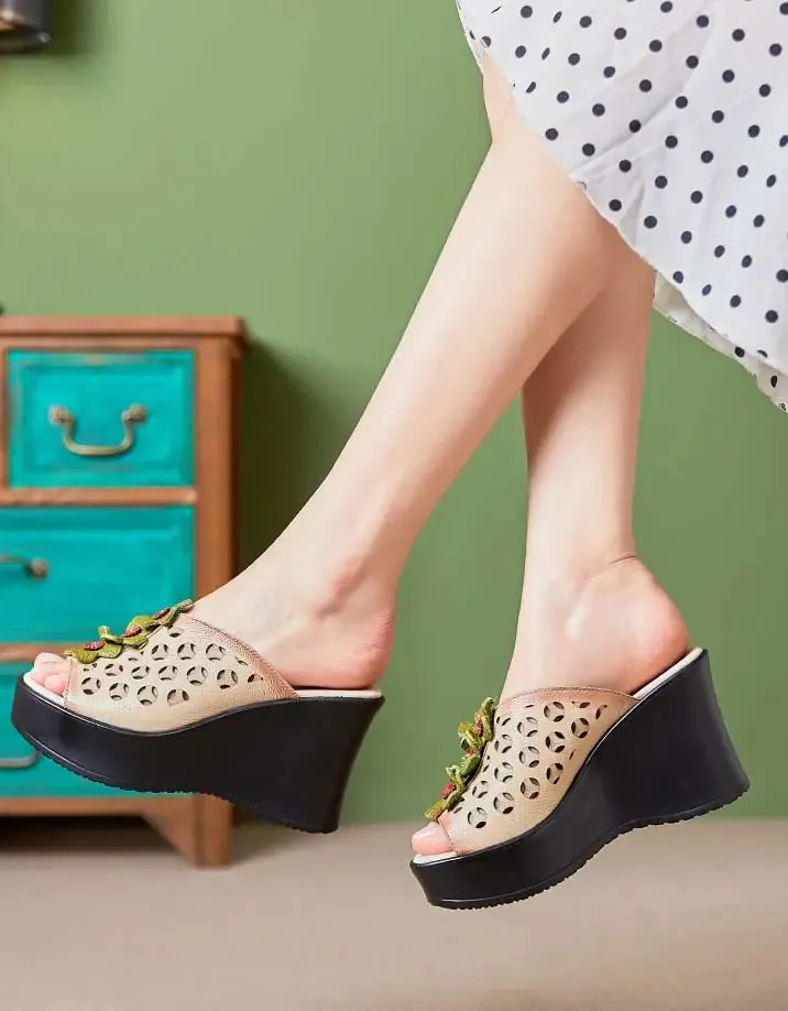 Leather Oriental Style Wedge Slippers