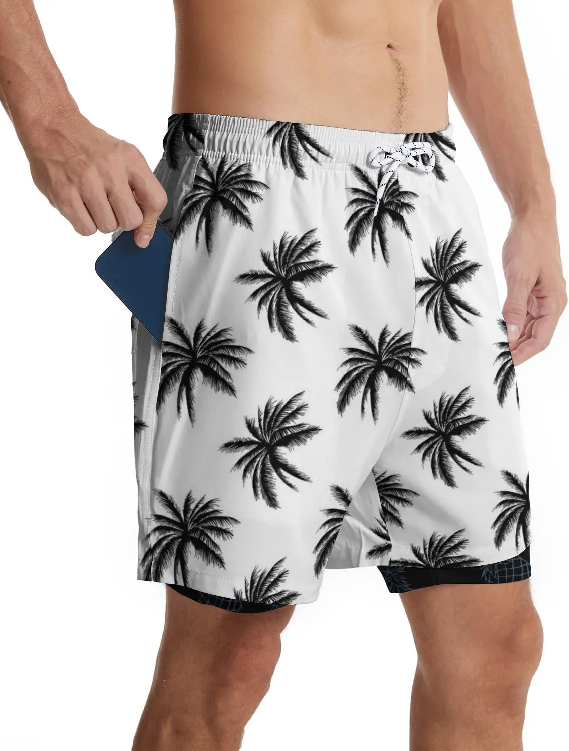 Mens Swim Trunks with Liner Breathable Compression Swim Shorts with 3 Pockets Flag Bathing Suit for Beach