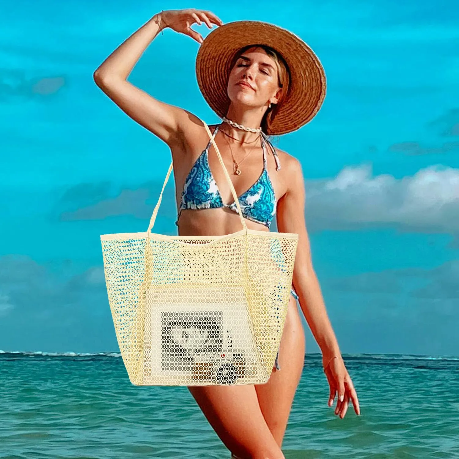 Mesh Beach Bag, Casual Womens Shoulder Handbag, Large Sandproof Beach Tote Bag for Pool/Travel/Vacation Essentials