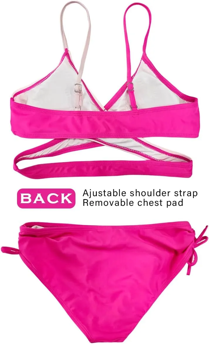 MIENOE Teen Girls' Swimsuits Two-Piece V-Neck Bikini Adjustable Shoulder Straps Swimsuit Kids Bikini with Chest Pad