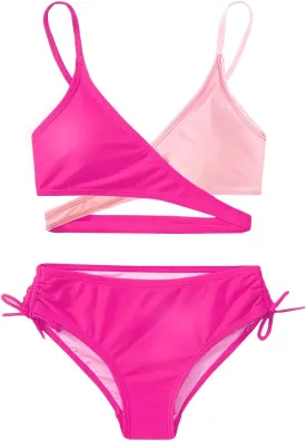 MIENOE Teen Girls' Swimsuits Two-Piece V-Neck Bikini Adjustable Shoulder Straps Swimsuit Kids Bikini with Chest Pad
