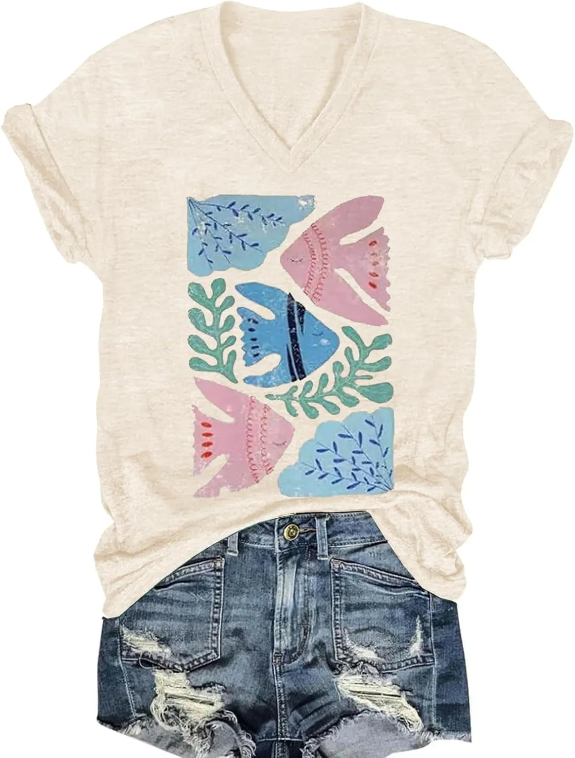 Women's T-Shirts V-Neck Boho Flowers Wildflowers Graphic Tees Shirts Cute Casual Summer Tops Short Sleeve T Shirt